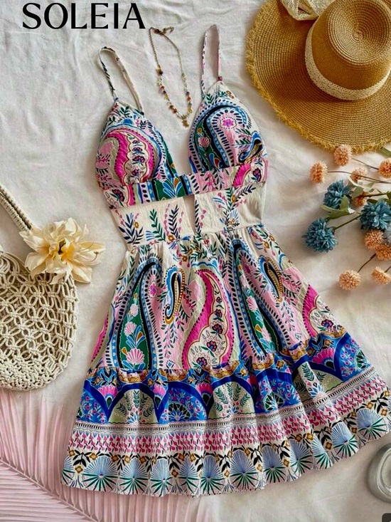 SHEIN Dresses & Skirts - SHEIN Pink Blue Paisley Print Spaghetti Strap Mini Dress